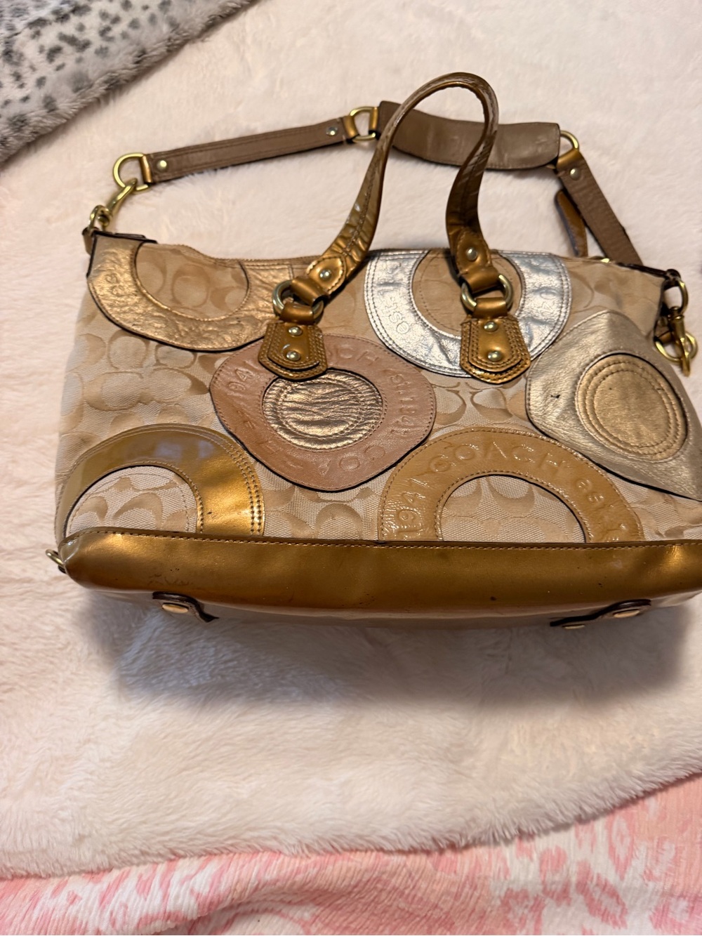 Coach Metallic Patchwork Circle Tote in Gold and Tan